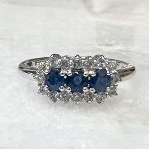 Kanchanaburi Blue Sapphire White Zircon Sterling Silver Trilogy Halo Ring Size 8